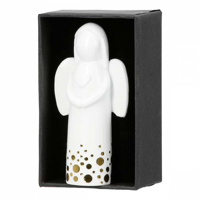 Figurină, Îngeri, Ophaniel, Motiv inimă, punctat, dungi, Polyresin, alb, PU 16, 2 buc. asortate, L. 3 cm, L. 5 cm, H. 8 cm [4]