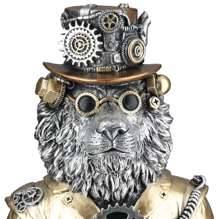 Figurină, Leu, Motiv roată dințată, Rășină sintetică, argintie, PU 2, L. 12 cm, L. 16 cm, H 21 cm [4]