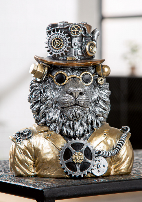 Figurină, Leu, Motiv roată dințată, Rășină sintetică, argintie, PU 2, L. 12 cm, L. 16 cm, H 21 cm [5]