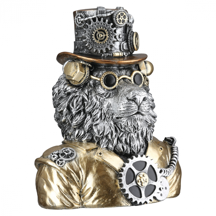 Figurină, Leu, Motiv roată dințată, Rășină sintetică, argintie, PU 2, L. 12 cm, L. 16 cm, H 21 cm [2]