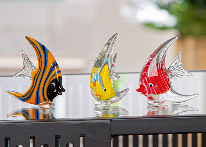 Figurină, Pește, Scalar, Sticlă, bej, albastru, portocaliu, roșu, galben, PU 6, 3 buc. asortate, L. 1,5 cm, L. 7,5 cm, H. 7,5 cm [5]