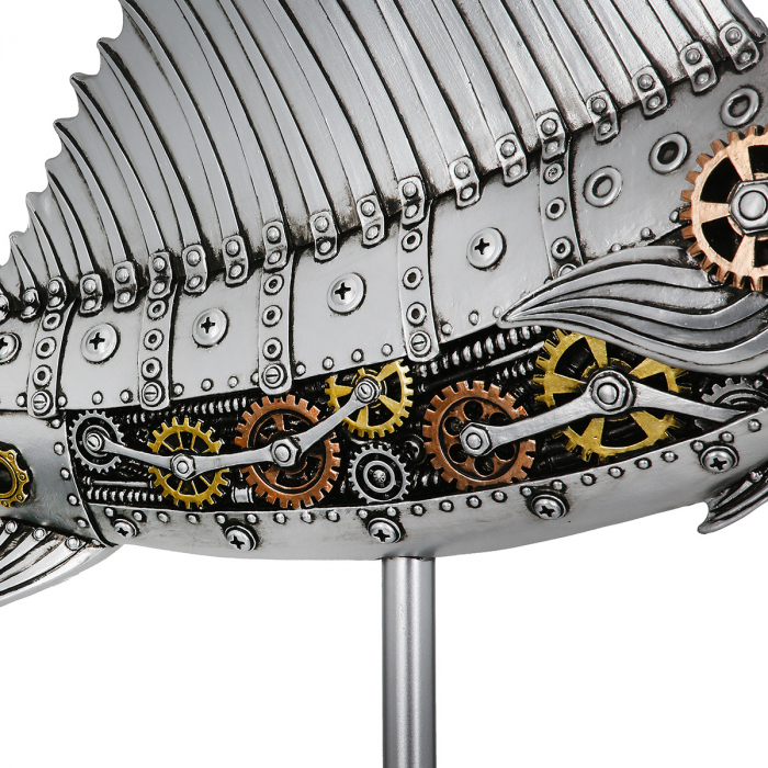 Figurină, Pește-spadă, Steampunk Sailfish, Motiv roată dințată, Polirășină, argintiu, PU 1, L. 14 cm, L. 50 cm, H. 36 cm [3]