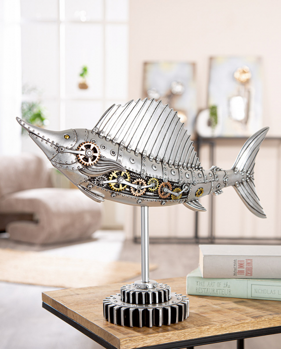 Figurină, Pește-spadă, Steampunk Sailfish, Motiv roată dințată, Polirășină, argintiu, PU 1, L. 14 cm, L. 50 cm, H. 36 cm [5]