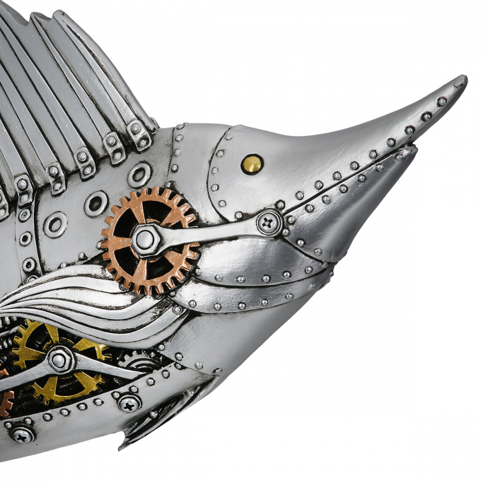 Figurină, Pește-spadă, Steampunk Sailfish, Motiv roată dințată, Polirășină, argintiu, PU 1, L. 14 cm, L. 50 cm, H. 36 cm [4]