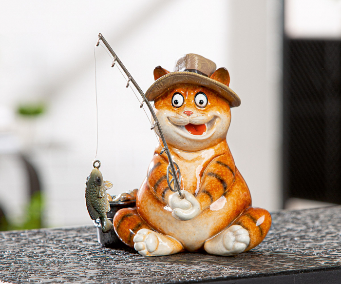 Figurină, Pisică, Motiv Pescar, dungi, Rășină sintetică, portocaliu, PU 3, L. 18 cm, L. 13 cm, H 14 cm [5]