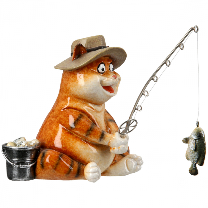 Figurină, Pisică, Motiv Pescar, dungi, Rășină sintetică, portocaliu, PU 3, L. 18 cm, L. 13 cm, H 14 cm [4]