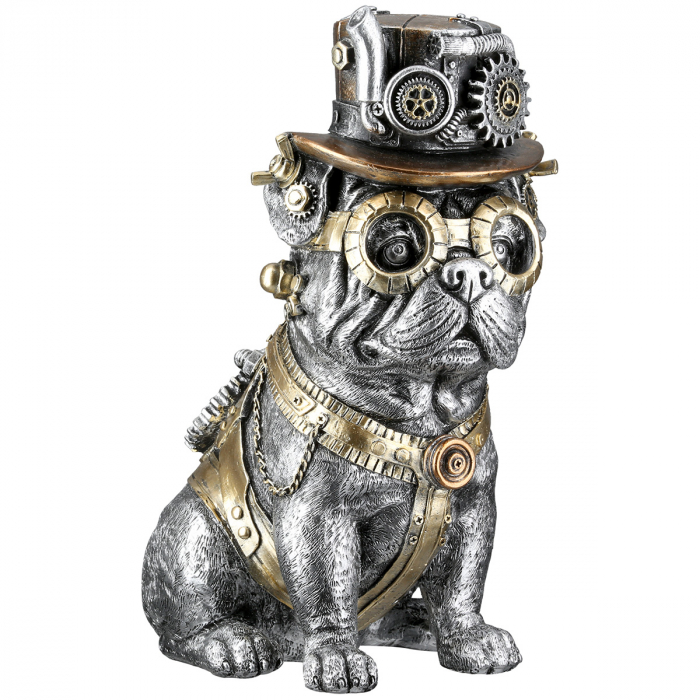 Figurină, Pug, Steampunk pug, Motiv unelte, Polirășină, argintiu, PU 2, L. 20,5 cm, L. 13,5 cm, H. 25,5 cm [2]