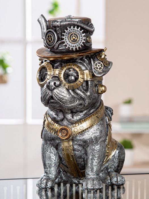Figurină, Pug, Steampunk pug, Motiv unelte, Polirășină, argintiu, PU 2, L. 20,5 cm, L. 13,5 cm, H. 25,5 cm [4]