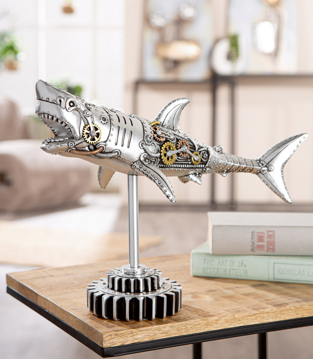 Figurină, Rechin, Steampunk Shark, Motiv roată dințată, Polirășină, argintiu, PU 1, L. 12 cm, L. 38 cm, H. 29,5 cm [5]