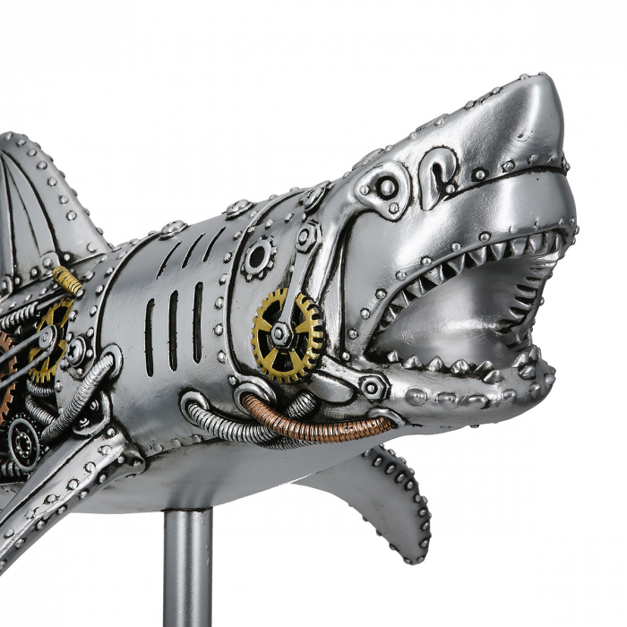 Figurină, Rechin, Steampunk Shark, Motiv roată dințată, Polirășină, argintiu, PU 1, L. 12 cm, L. 38 cm, H. 29,5 cm [4]