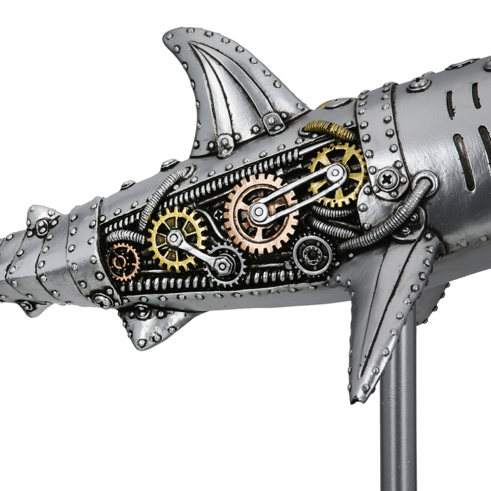 Figurină, Rechin, Steampunk Shark, Motiv roată dințată, Polirășină, argintiu, PU 1, L. 12 cm, L. 38 cm, H. 29,5 cm [3]