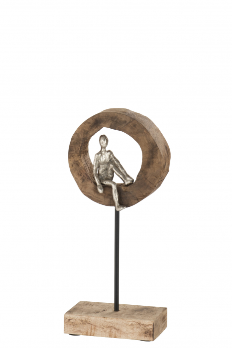 Figurina Thinker Ring, Aluminiu/Lemn, Argintiu/Natural, 18x9x39 cm [2]