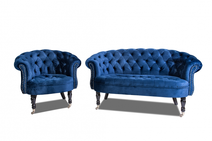 Fotoliu Filip chesterfield, albastru, spuma/catifea/lemn, 87x78x83 cm [9]