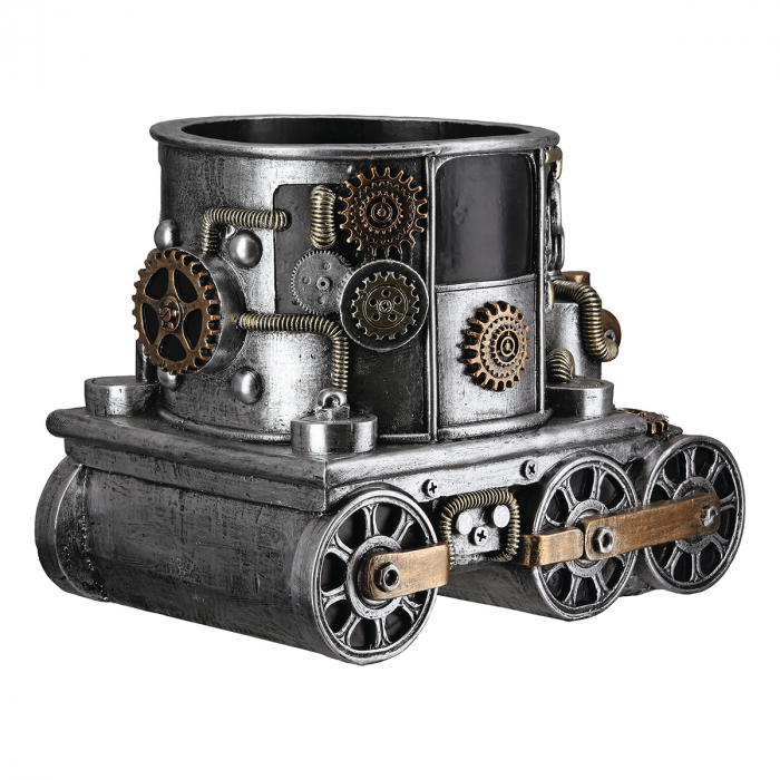 Ghiveci, Locomotivă, Motiv roți dințate, Rășină sintetică, argintie, PU 1, L. 18 cm, L. 26 cm, H 20 cm [3]