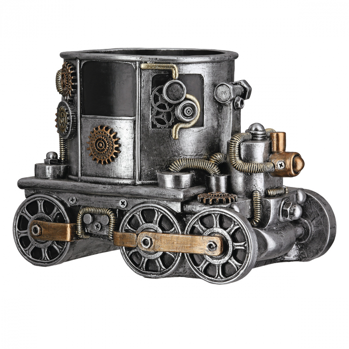 Ghiveci, Locomotivă, Motiv roți dințate, Rășină sintetică, argintie, PU 1, L. 18 cm, L. 26 cm, H 20 cm [2]