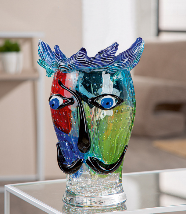 Glass Art, Vază cu fețe, „Donald”, motiv fețe, Sticlă, verde, roșu, PU 1, L. 19 cm, L. 19 cm, H 29 cm [5]