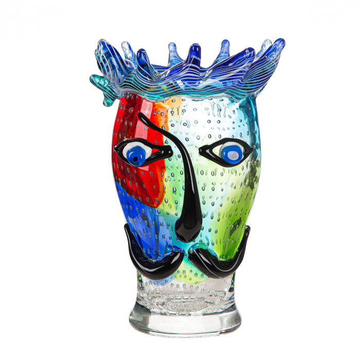 Glass Art, Vază cu fețe, „Donald”, motiv fețe, Sticlă, verde, roșu, PU 1, L. 19 cm, L. 19 cm, H 29 cm [2]