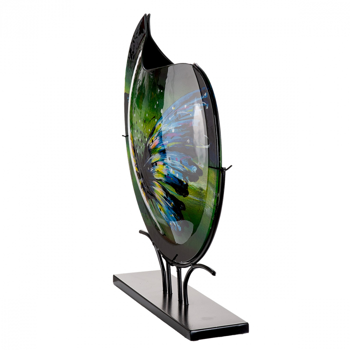 Glass Art, Vază, rotundă, motiv fluture, sticlă, albastru, verde, PU 1, L. 11 cm, L. 50 cm, H 48 cm [2]