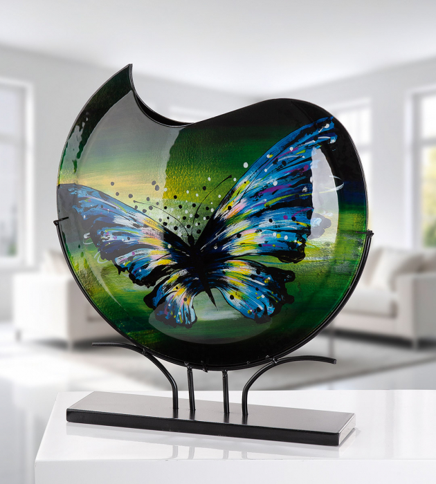 Glass Art, Vază, rotundă, motiv fluture, sticlă, albastru, verde, PU 1, L. 11 cm, L. 50 cm, H 48 cm [4]