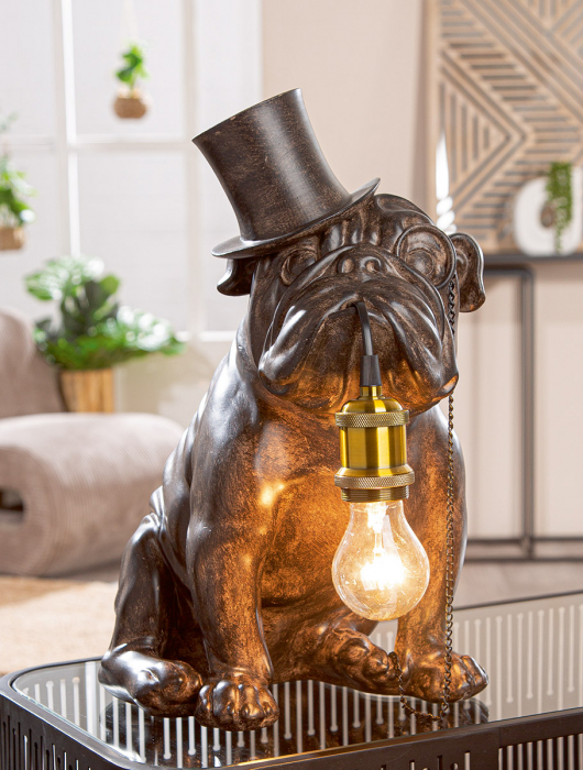 Lampă de masă, Pug, Pug cu monoclu, Pălărie de top, Polirășină, maro, PU 1, L. 34 cm, L. 24,5 cm, H. 41,5 cm [6]