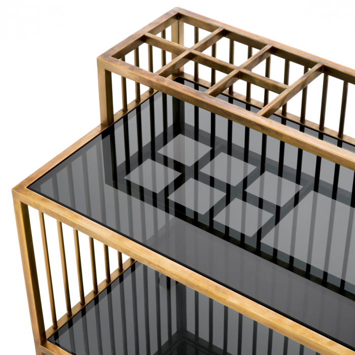 Masă de servire cu roti, Rutherford vintage cu finisaj alamă din sticlă fumurie, Dims: L. 80 | W. 50.5 | H. 76.5 (CM) [4]