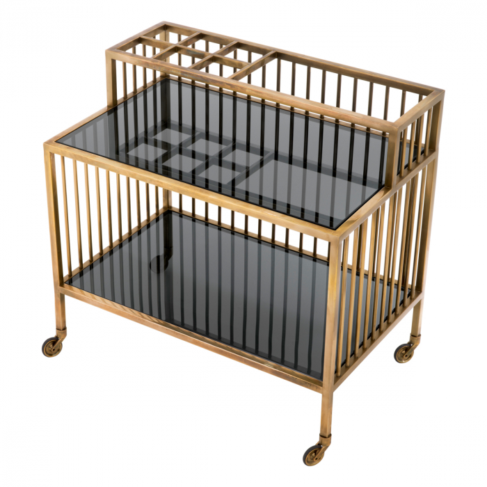 Masă de servire cu roti, Rutherford vintage cu finisaj alamă din sticlă fumurie, Dims: L. 80 | W. 50.5 | H. 76.5 (CM) [3]