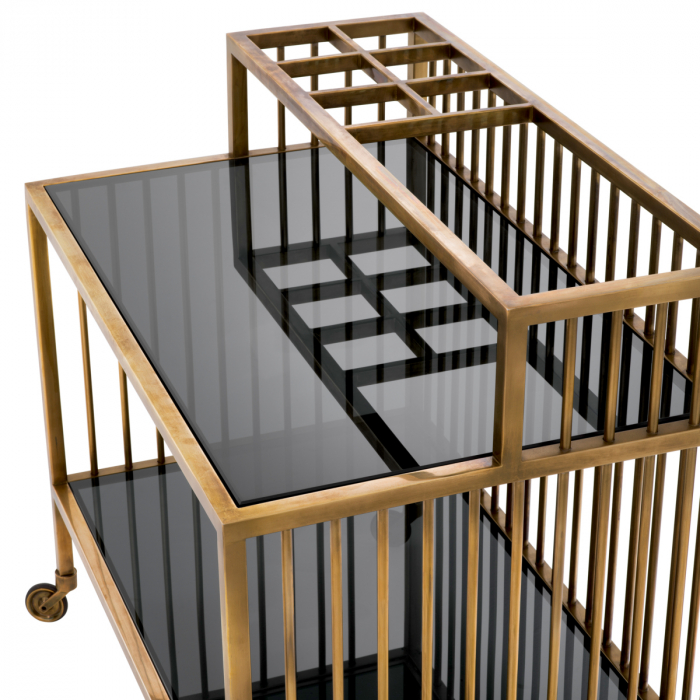 Masă de servire cu roti, Rutherford vintage cu finisaj alamă din sticlă fumurie, Dims: L. 80 | W. 50.5 | H. 76.5 (CM) [5]