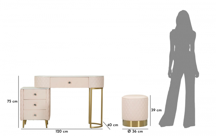 Masa de toaleta, Sharon, roz cu puf 120x40x75 cm (dimensiune puf ø36x39) [12]