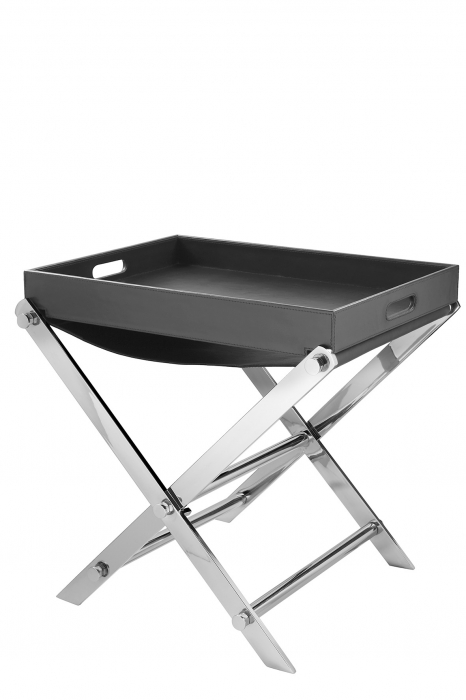 Masuta cu tava Monza, Fier/Piele/Nichel, Negru/Argintiu, 50x55x62 cm [2]
