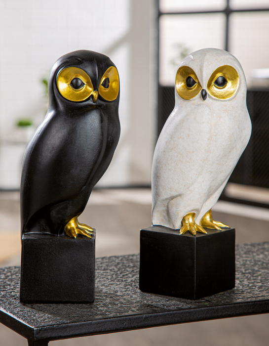 Sculptură, Bufniță, Rășină sintetică, negru, alb, PU 2, 2 asortate, L. 10 cm, l. 12 cm, H 27 cm [5]