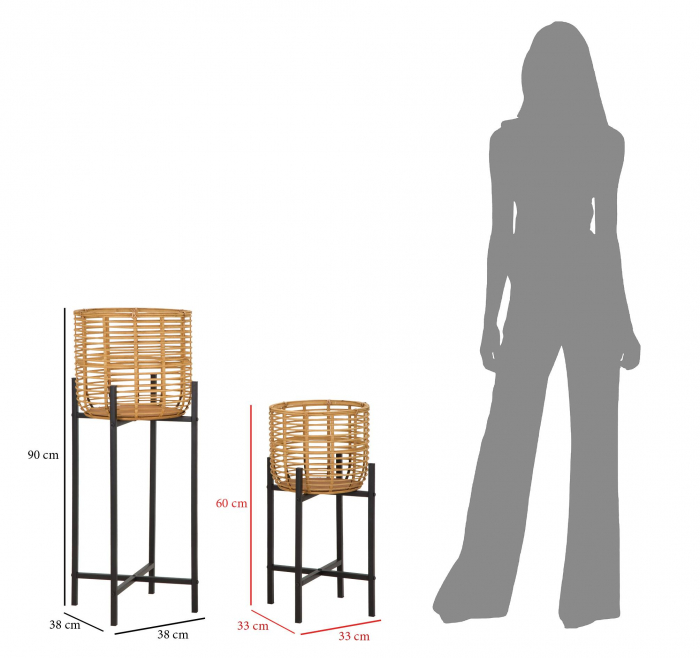 Set 2 ghivece Rattan, Fier/Rattan, Multicolor, 90/60x38/33x38/33 cm [3]