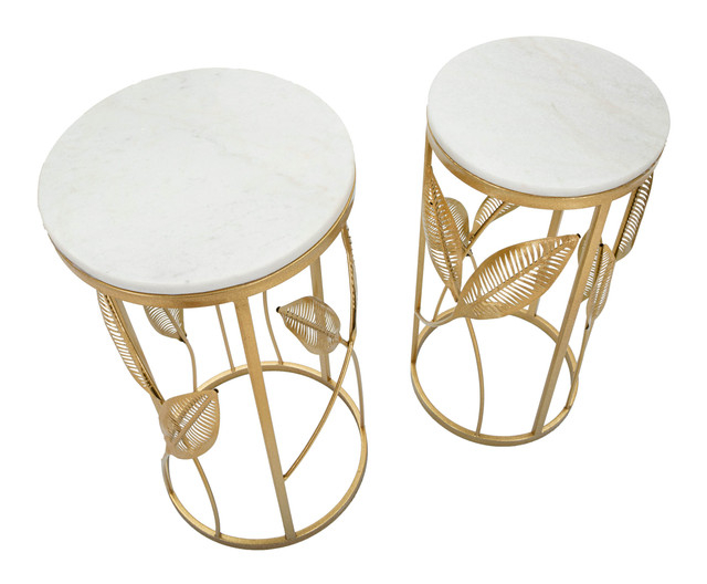 Set 2 masute Leaf, Fier/MDF/Oglinda, Auriu, 65.5/60.5x35/30x35/30 cm [3]