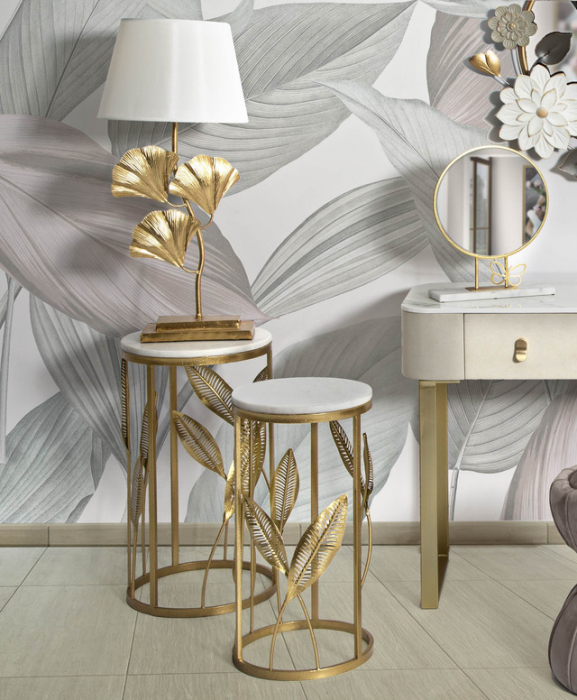 Set 2 masute Leaf, Fier/MDF/Oglinda, Auriu, 65.5/60.5x35/30x35/30 cm [6]