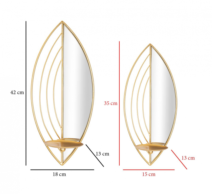 Set 2 suporturi lumanari pentru perete Leaf, Fier/Oglinda, Auriu, 41/35x18/15x13/13 cm [6]
