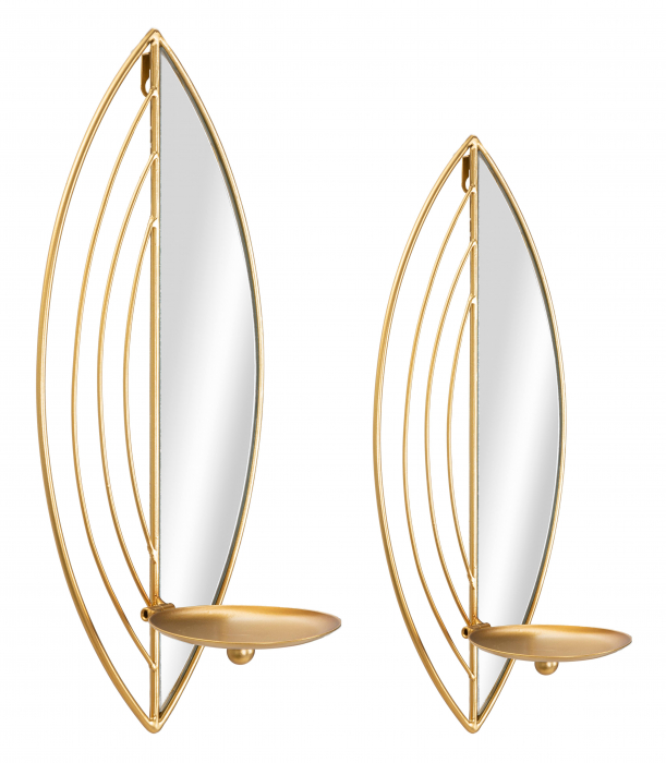 Set 2 suporturi lumanari pentru perete Leaf, Fier/Oglinda, Auriu, 41/35x18/15x13/13 cm [2]