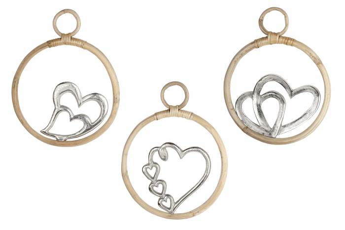 Set 3 decoratiuni de perete Hearts, aluminiu/lemn, argintiu/maro, 24x30x1.5 cm [2]