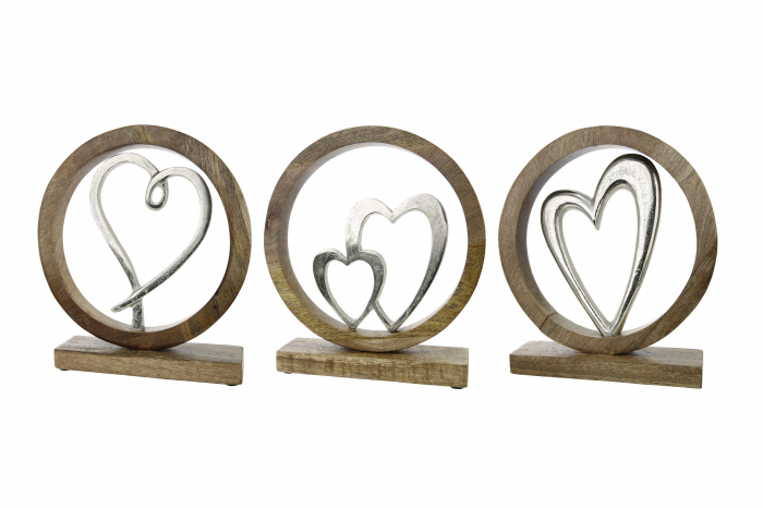 Set 3 decoratiuni Hearts, aluminiu/lemn, argintiu/maro, 20.5x26x5 cm [2]