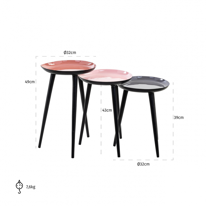 Set 3 masute Trinity, Fier, Roz/Negru, 49/43/39x32x32 cm [3]