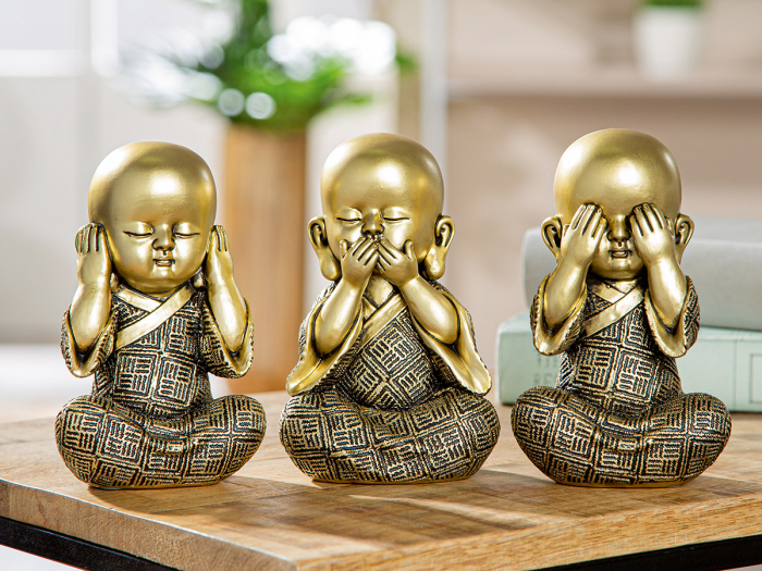 Set 3 piese, Figurină, Buddha, Călugăr, Polirășină, auriu, PU 2, L. 6 cm, L. 9 cm, H. 15 cm [5]