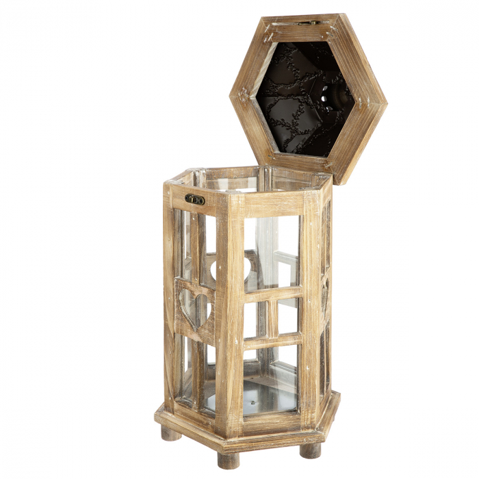 Set de 3, Felinar, Hexagon, "Corazon", Lemn, maro, PU 1, L. 35 cm, L. 39 cm, H 78 cm [5]