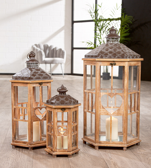 Set de 3, Felinar, Hexagon, "Corazon", Lemn, maro, PU 1, L. 35 cm, L. 39 cm, H 78 cm [6]