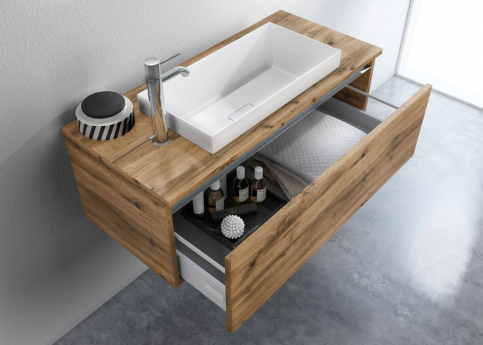 Set de baie cu 3 piese PERTH, Melamina/Aluminiu/Abs/Sticla/Rasina/Metal, Maro deschis, 100x45x190 cm [2]