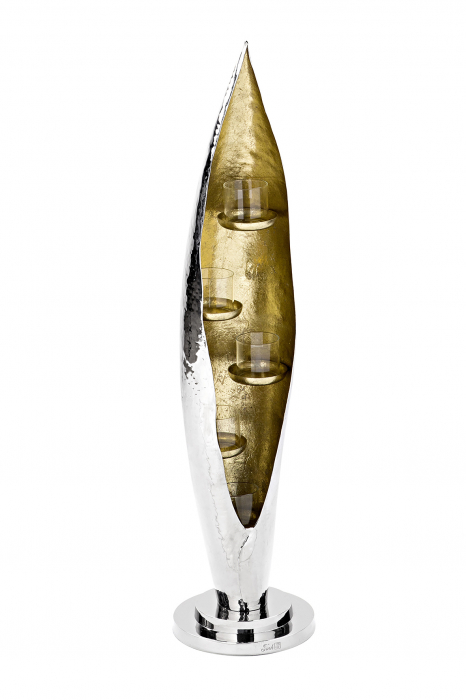 Suport lumanare Cava, Aluminiu nichelat/Sticla/Foita de aur, Auriu/Argintiu, 70x18 cm [2]