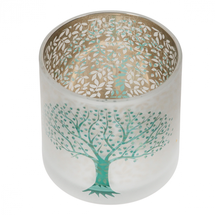 Suport lumanare, cilindric, Arborele vieții, Motiv copac, Sticlă, verde, alb, PU 18, H. 8 cm, D. 7 cm [2]