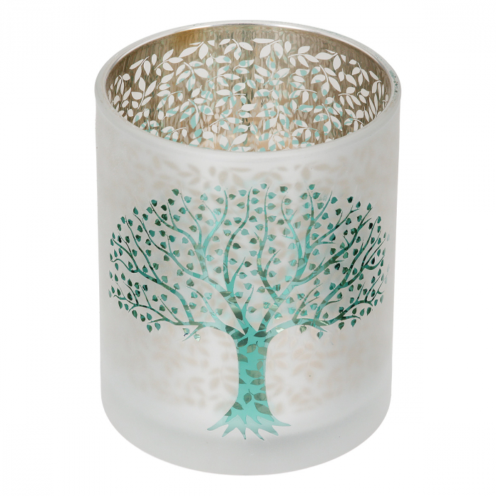 Suport lumanare, cilindric, Arborele vieții, Motiv copac, Sticlă, verde, alb, PU 8, H. 12,5 cm, D. 10 cm [2]