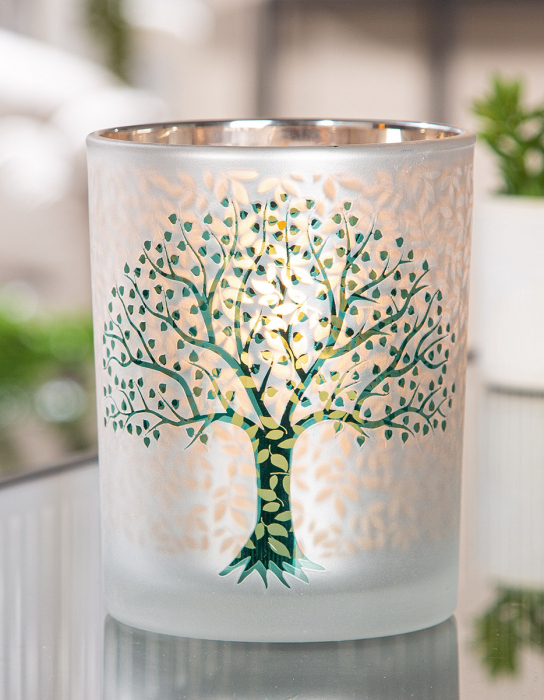 Suport lumanare, cilindric, Arborele vieții, Motiv copac, Sticlă, verde, alb, PU 8, H. 12,5 cm, D. 10 cm [3]