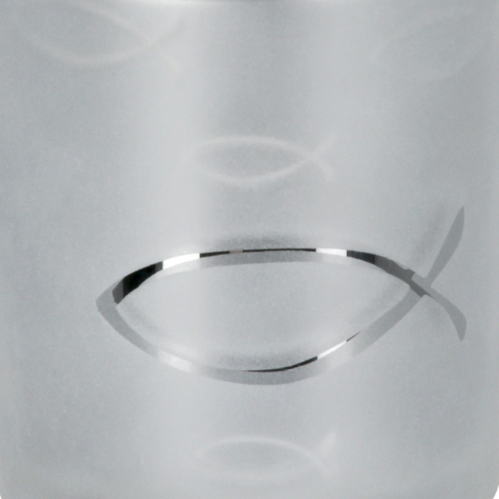 Suport lumanare, cilindric, Comuniune, Motiv pește, Sticlă, argintiu, PU 8, H. 12,5 cm, D. 10 cm [3]