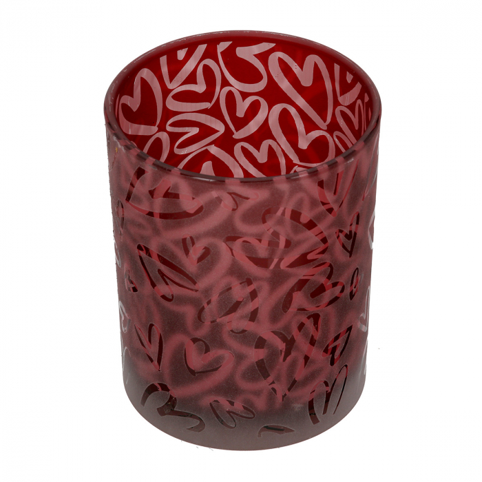 Suport lumanare, cilindric, Furtuna inimii, Motiv inimă, Sticlă, roșu, PU 8, H. 12,5 cm, D. 10 cm [2]