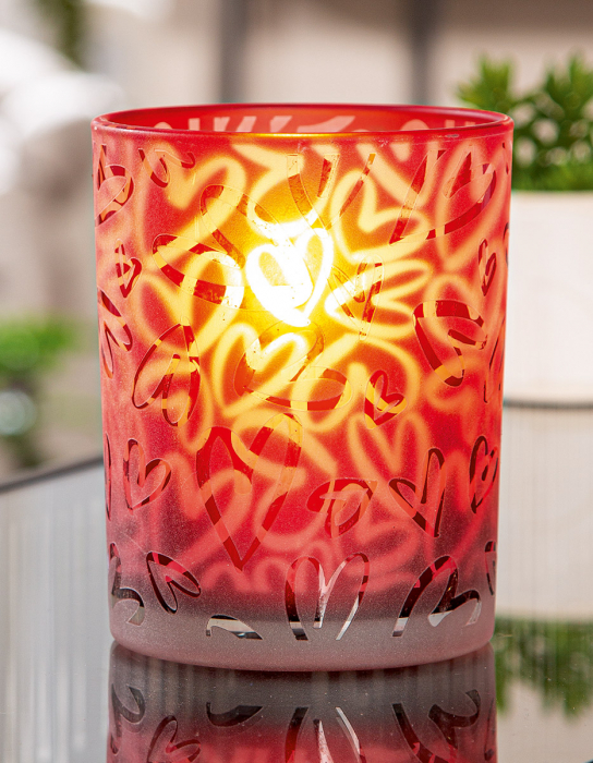 Suport lumanare, cilindric, Furtuna inimii, Motiv inimă, Sticlă, roșu, PU 8, H. 12,5 cm, D. 10 cm [4]