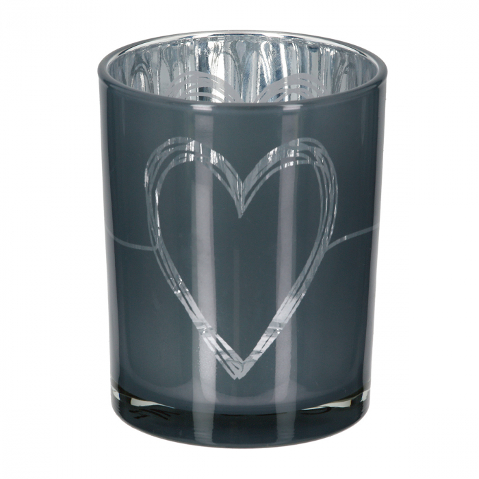 Suport lumanare, cilindric, Modern Heart, Motiv inimă, Sticlă, gri, alb, PU 8, 2 buc. asortate, H. 12,5 cm, D. 10 cm [4]